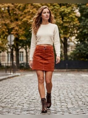 NEW Retro Style Wide Wale Corduroy D-Ring Belt Mini Skirt Large W30 Burnt Orange